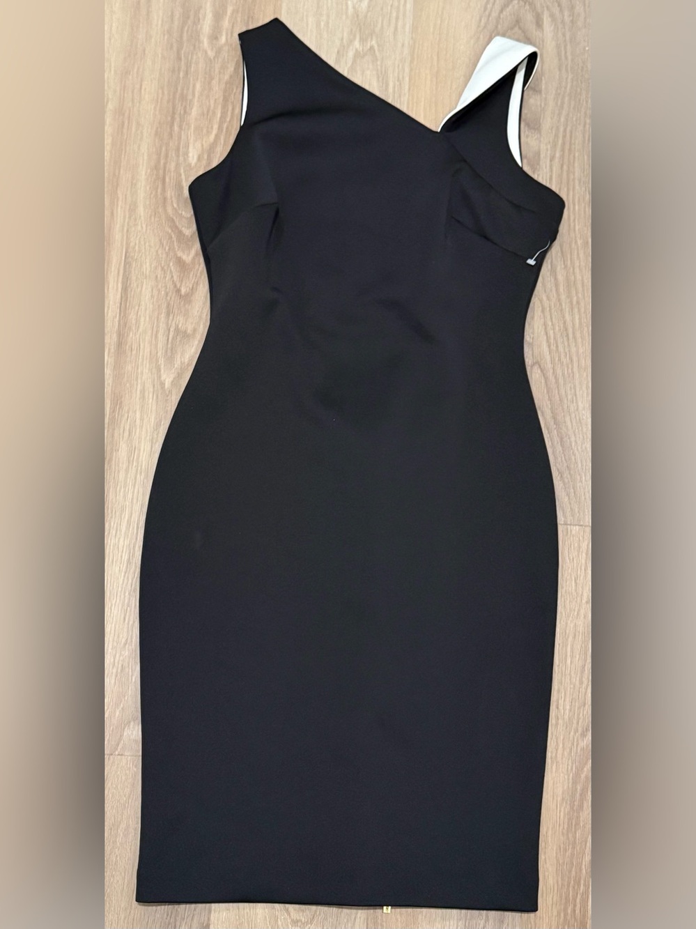 Calvin Klein Women 4P Petite Black White Asymmetrical Sheath Midi Dress Gold Zip